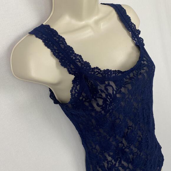 Vtg Hanky Panky Tank Top Women Small Navy Blue Lace Floral Sheer Stretch USA Y2K - Picture 3 of 13